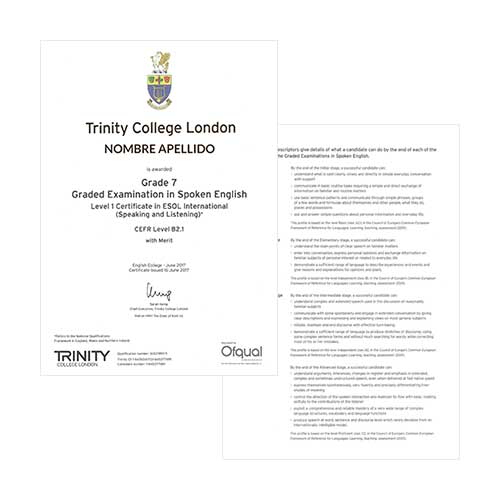 Certificado de Trinity College London - Cara delantera y trasera