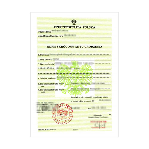 Certificado de nacimiento Polonia