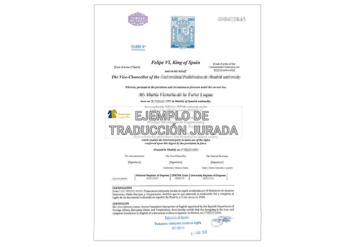 Ejemplo de traducción jurada de un título universitario en Las Palmas de Gran Canaria
